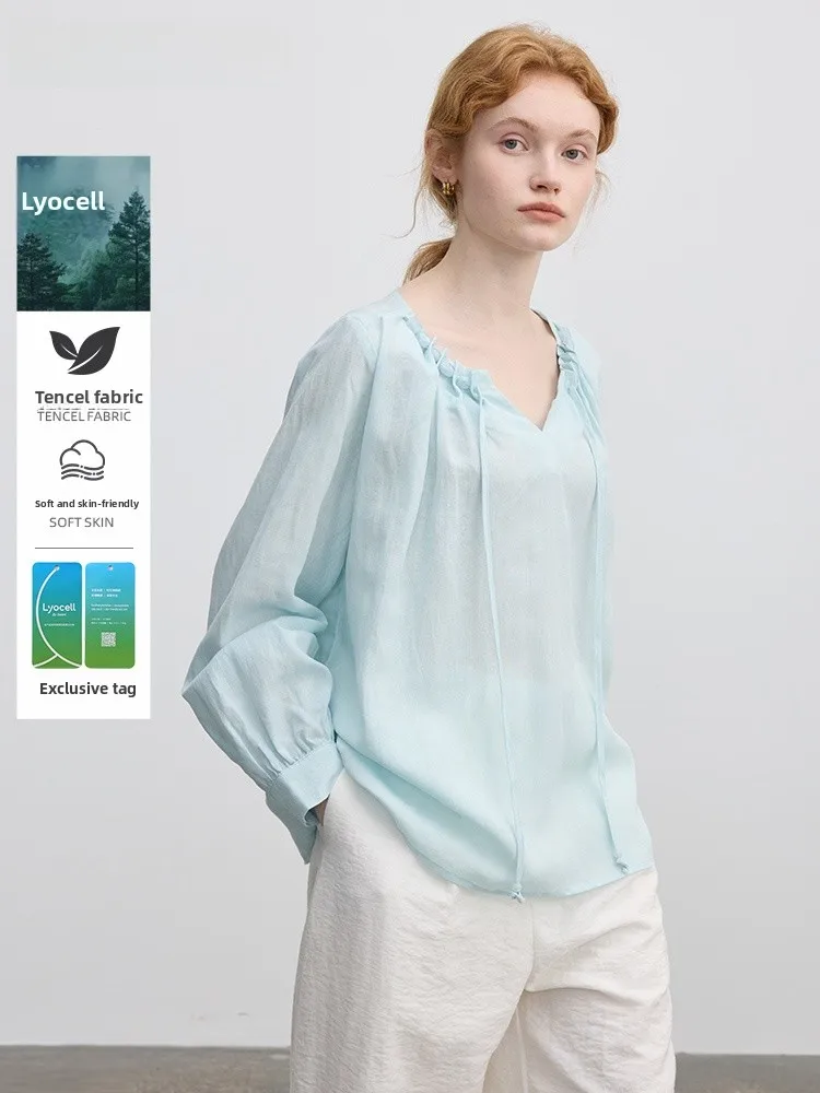 

Larseal Women's Long Sleeve Shirt V-Neck Tie Drape Loose Linen Spring Summer Top Elegant Simple Style Commute Fashion