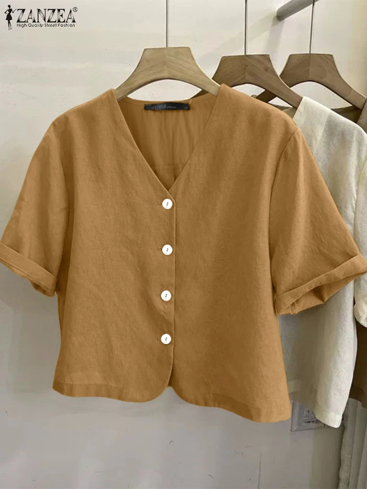 

ZANZEA Casual Commute Solid Chemise Summer Korean Fashion Elegant Short Sleeve Short Shirts Woman V-Neck Button Up Crop Tops
