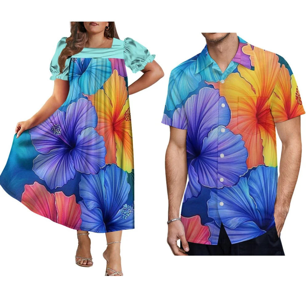 Abito da donna con maniche a sbuffo Mumu con stampa floreale alla moda di nuova concezione Camicia abbottonata da uomo Set di coppie per feste di festa