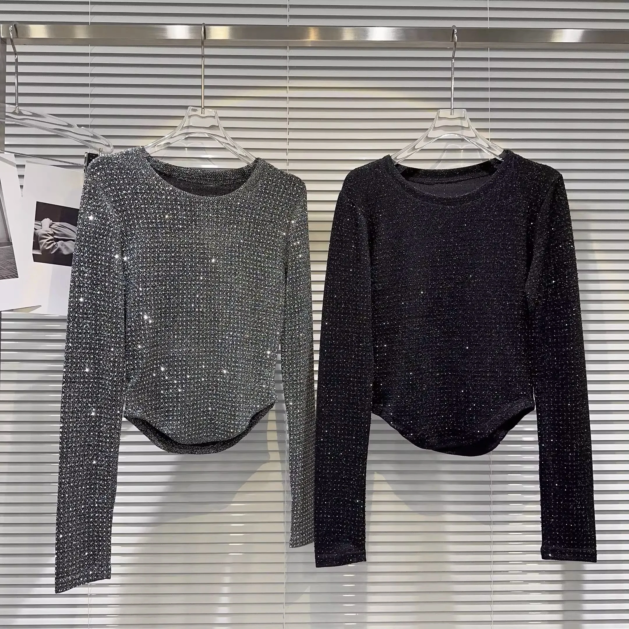 

plus Size Women's T-Shirt Sparkling Sequin Slim Fit Design Spring Autumn Trendy Long Sleeve round Neck Short Style Casual Wear