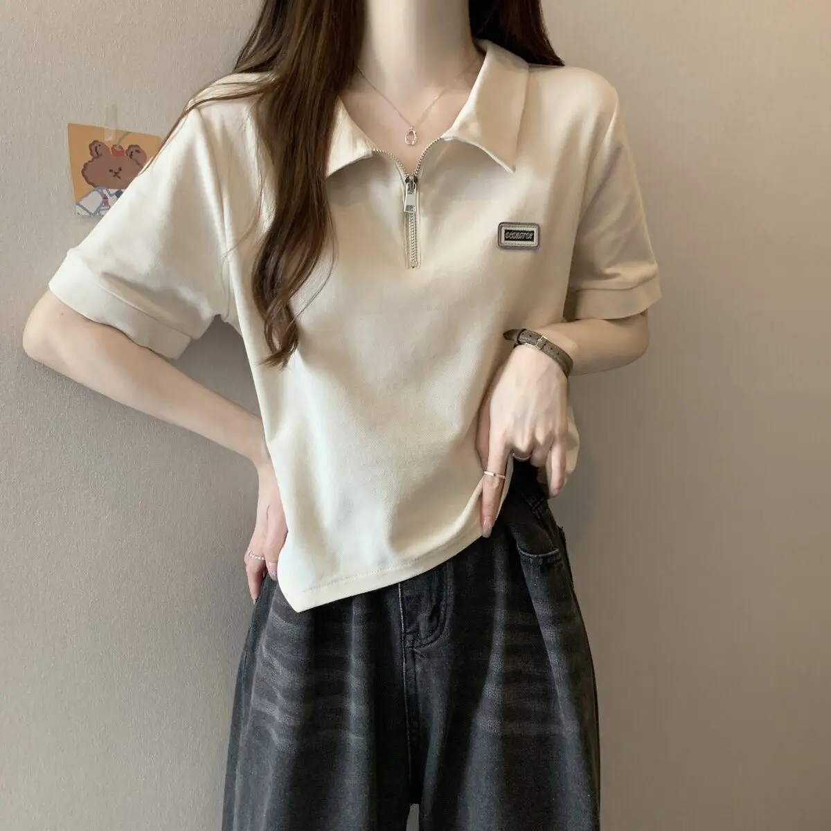 

Women's Zipper Polo Neck T-shirt 2026 New Summer Woman Short Sleeve Tops Students Korean Style Irregular Cropped T-shirt