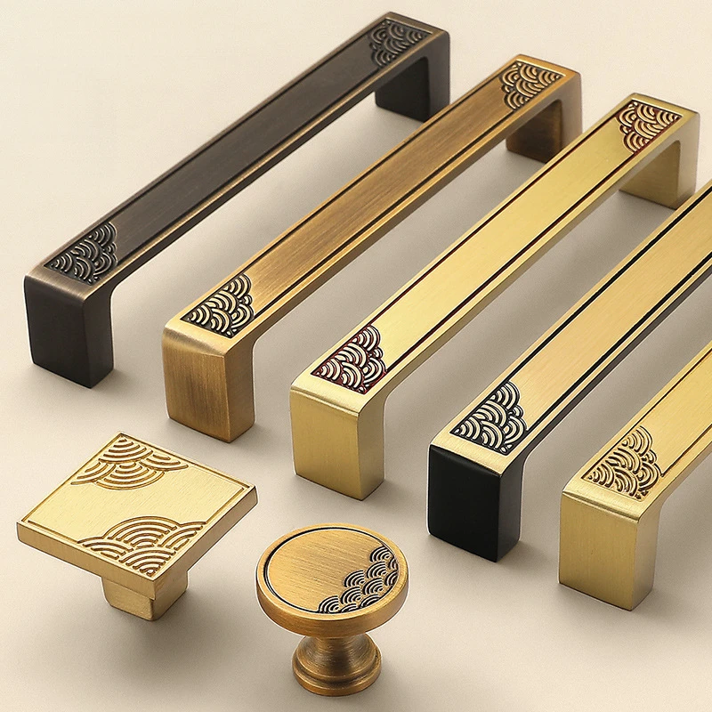 New Chinese-style cabinet door handle, pure copper kitchen cabinet wardrobe door handle, cloud-patterned brass drawer and bedsid