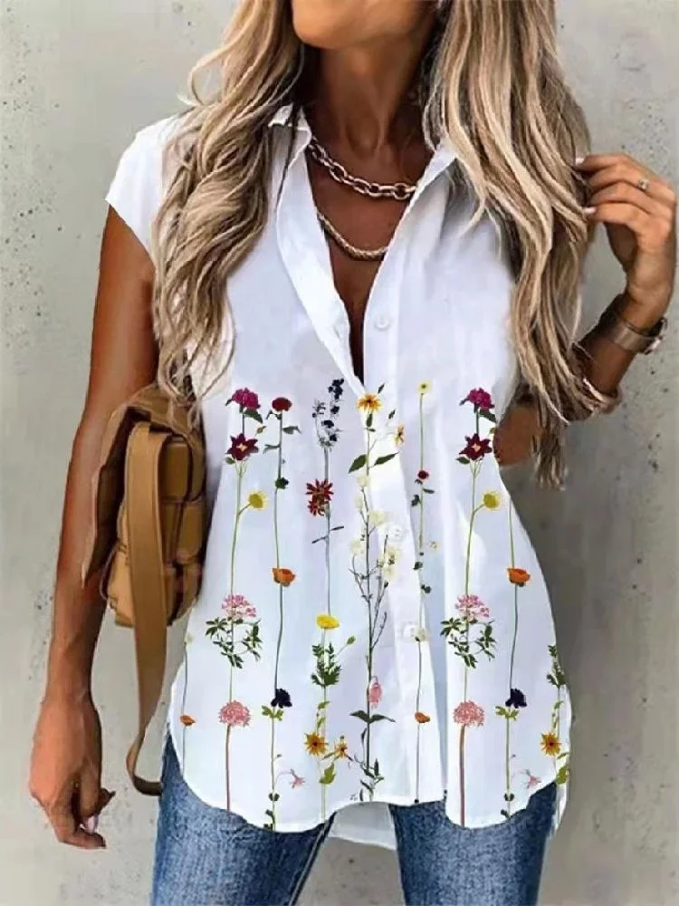 

New Women's Printed Collar ort Sve irt Casual Loose Fit Polyester Fiber Regular Sve Length Floral Pattern Button Cl...
