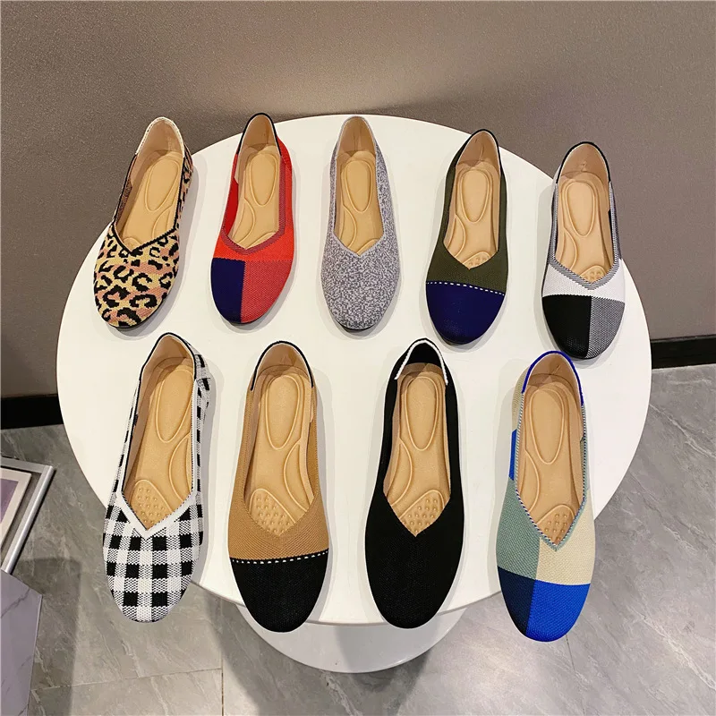 Women shoes Fashion flat bottomed shoes Elastic knitted breathable circular toe cap Latex sweat absorbing insole Non slip rubber