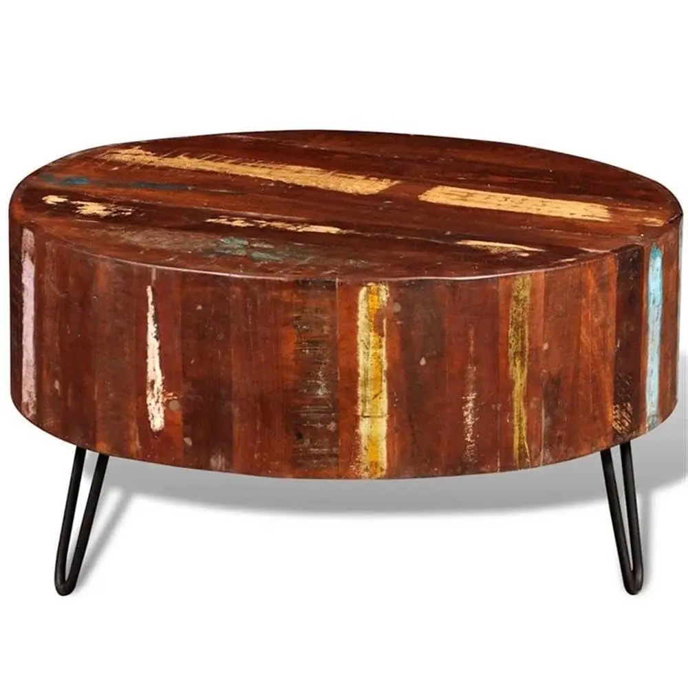 Round Coffee Table Solid Reclaimed Wood Multicolor Rustic Compact Living Room Accent Durable Surface, Customized