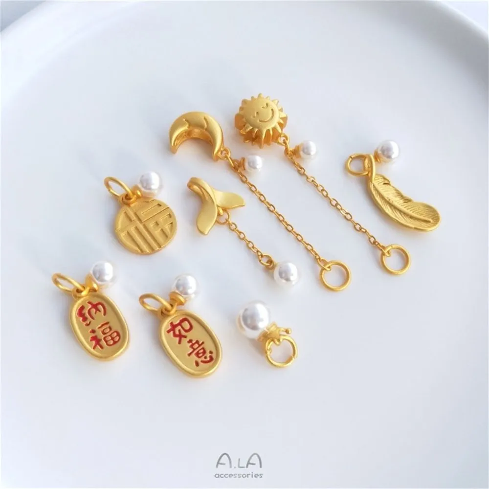 Strong color preserving sand gold pendant Blessing brand fish tail crown leaves hanging pearl moon sun chain DIY jewelry pendant