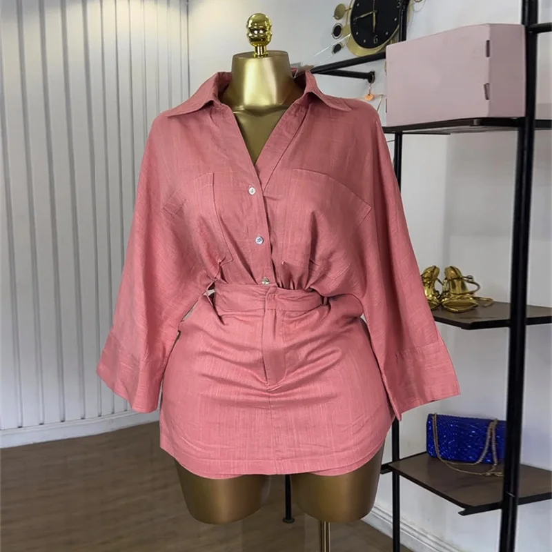 Fashion women's clothing 2025 summer new sweet and fresh collar bat sleeve shirt high waist half body pants skirt two-piece set