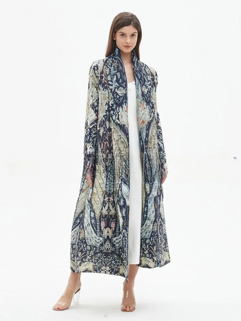 Miyake Pleated Abaya Vintage Printed Long Sleeve Trench Cardigan Dress Women 2025 New Original Designer Cardigan Long Coats