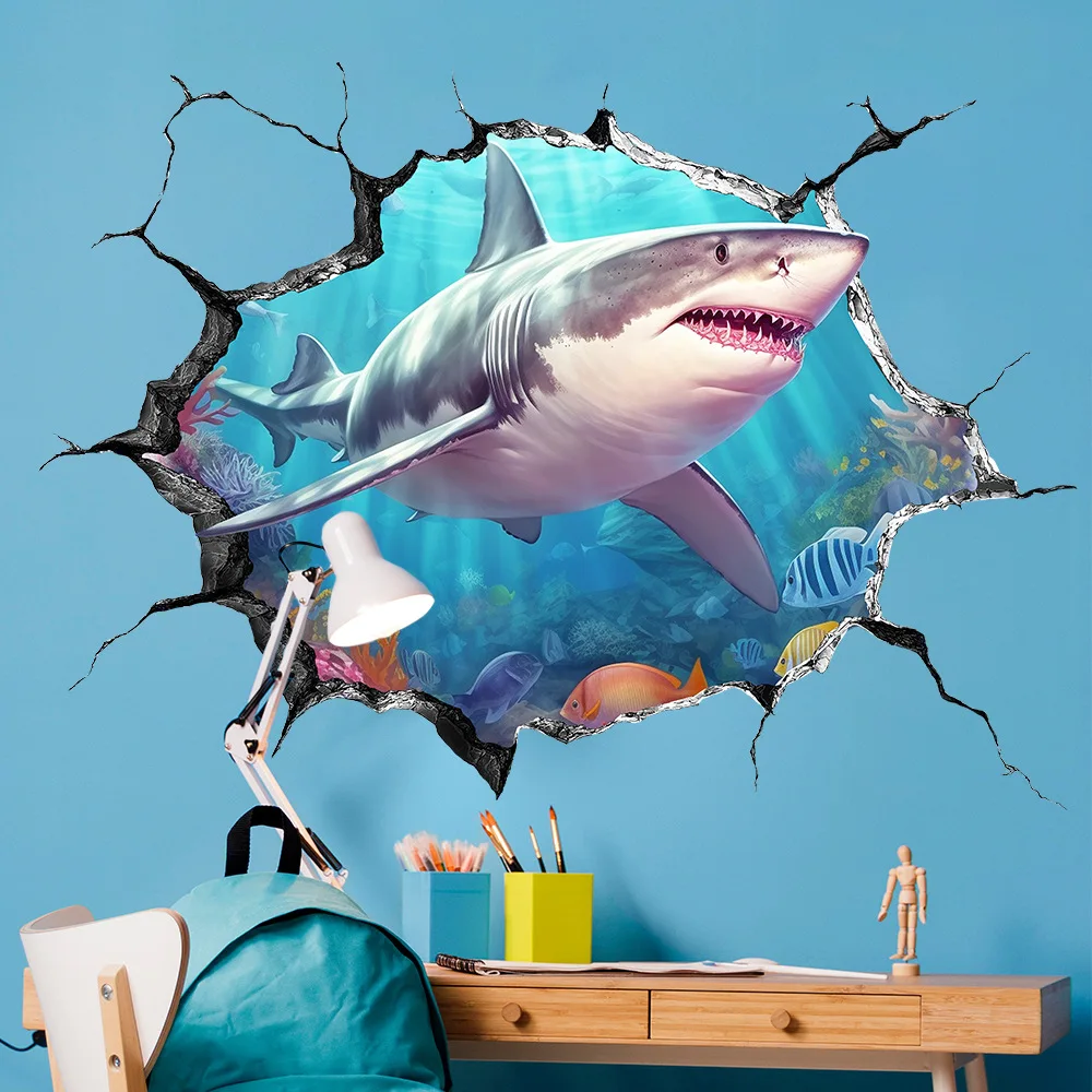 Cartoon Fun Broken Hole Great White Shark Wall Stickers Self Adhesive Home Wall Decor Decals