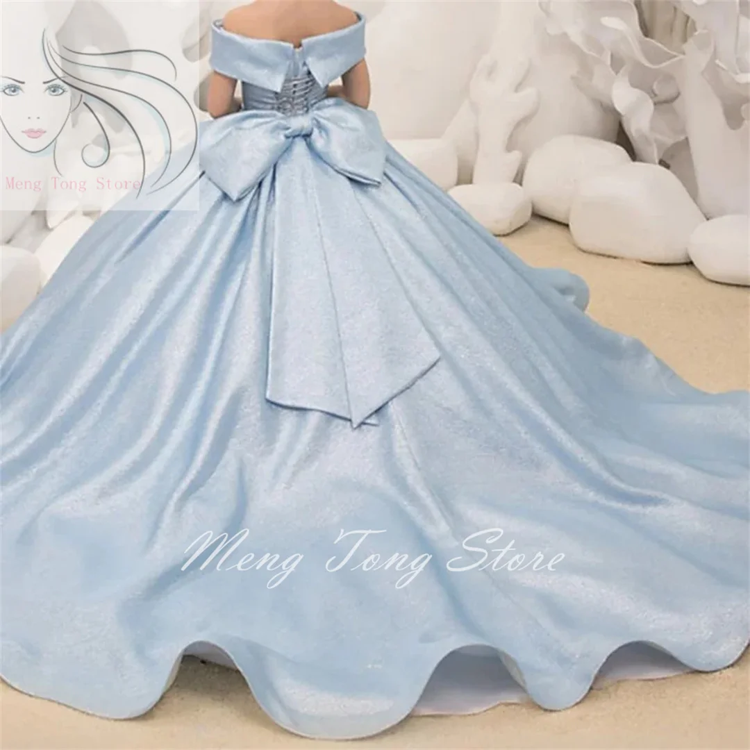 Vestidos de niña de flores azul claro, vestido de baile de satén de princesa elegante con lazo Simple para niños, fiesta de cumpleaños, primera comunión