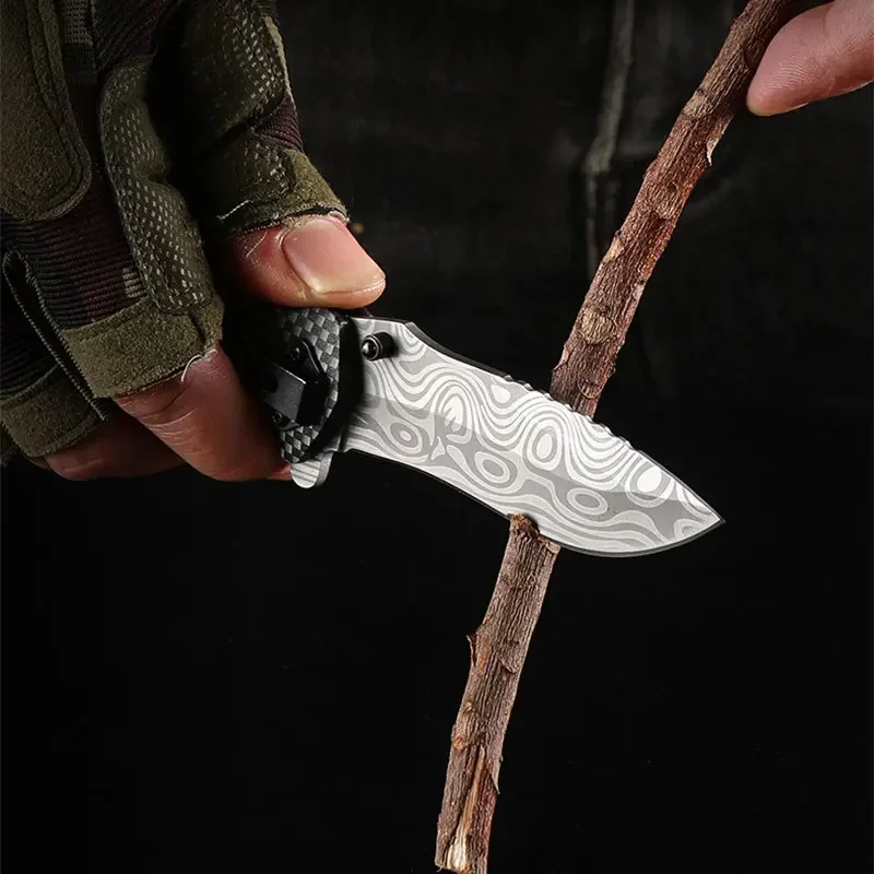 Folding Outdoor Knife Stainless Steel Camping Survival High Hardness Folding Knife Portable Multi-Purpose Damascus Grain