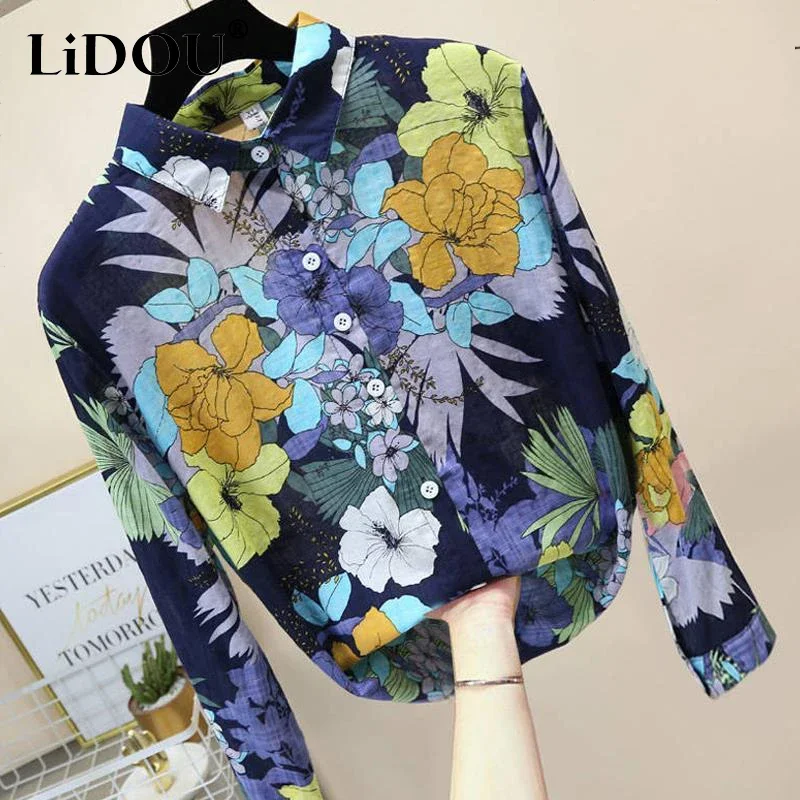 Spring Autumn Cotton Linen Casual Fashion Floral Print Shirt Ladies Loose All-match Sweet Blouse Femme Comfortable Top Women