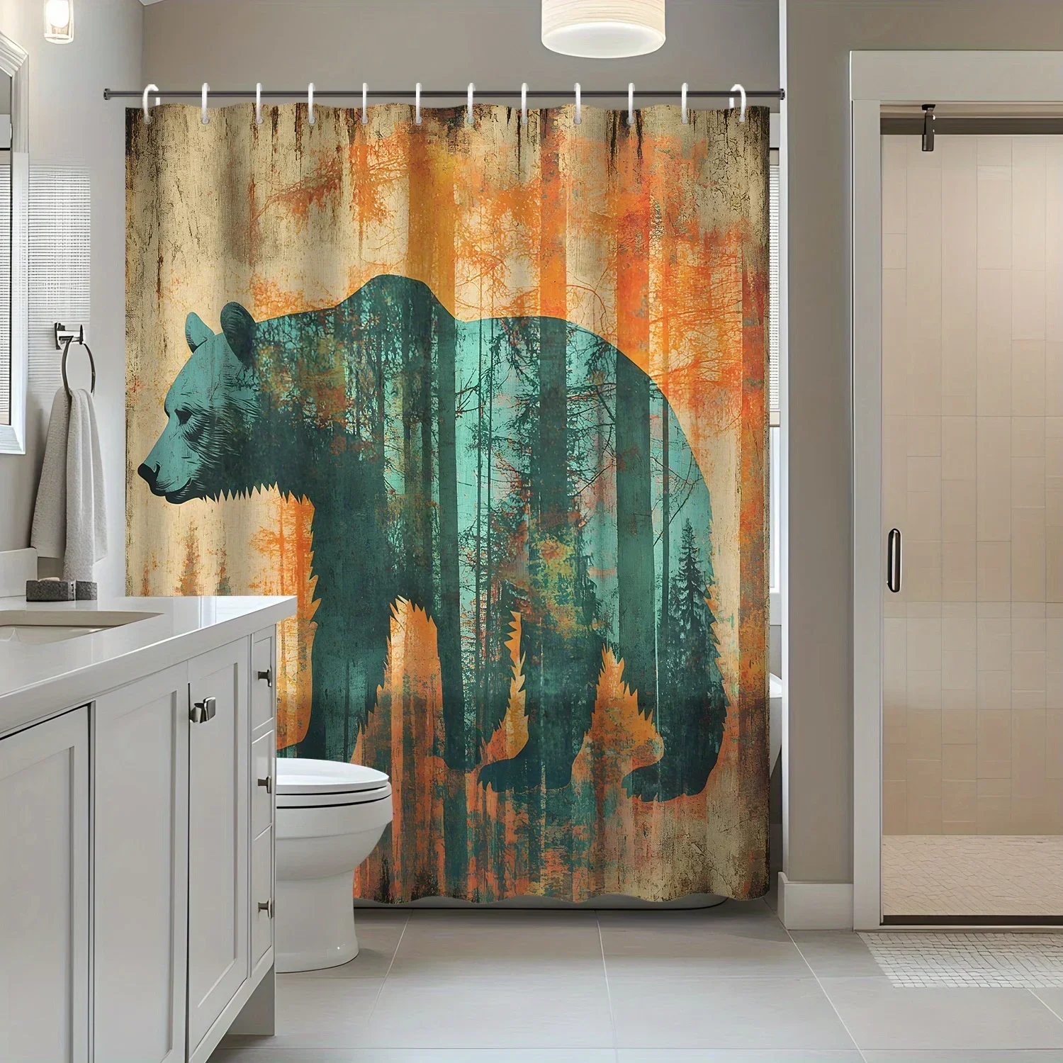 1pc Retro Country Farmhouse Old Forest Trees Fierce Brown Bear Animal Shower Curtain Partition Curtain, Bathroom DecoratiVVV