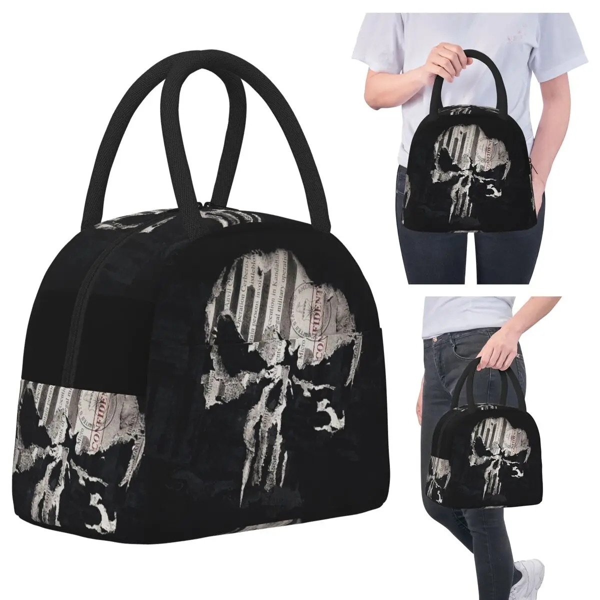 

Heavy Metal Skeleton Skull Punishers Lunch Bags Insulated Bento Box Waterproof Lunch Tote Leakproof Picnic Bags Thermal Bag