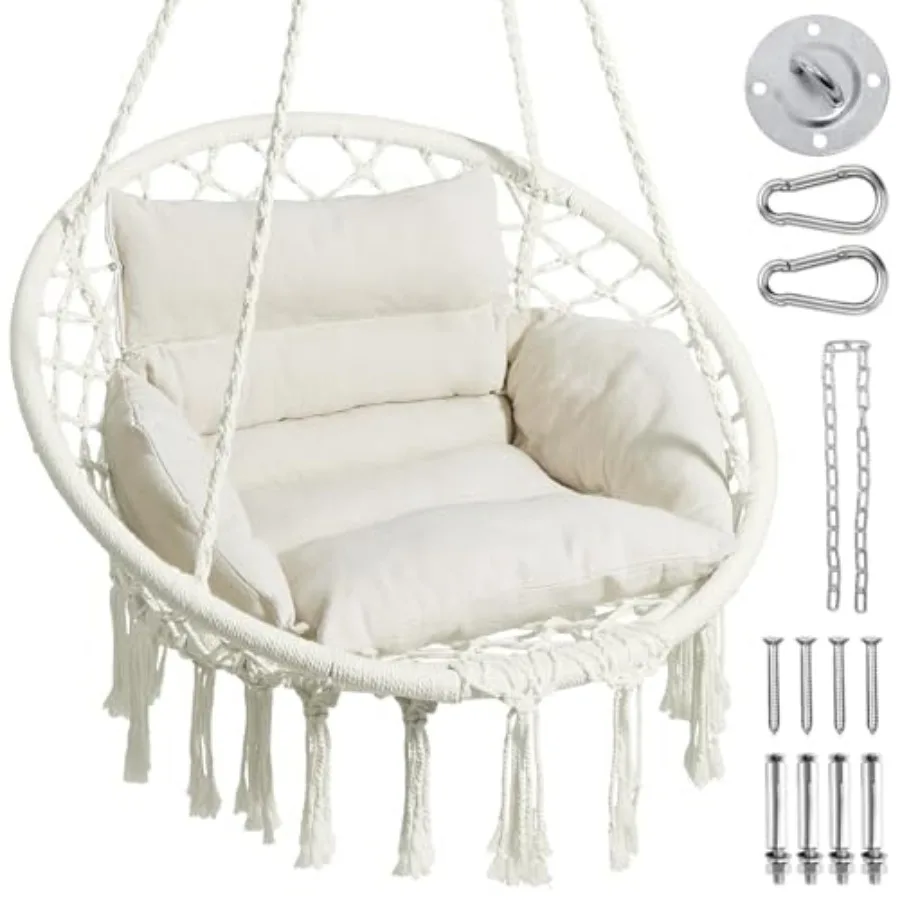 

Hammock Chair Macrame Swing Chair with Comfy Cushion Boho Hanging Chair for Outdoor and Indoor Perfect for Bedroom Patio Balcon