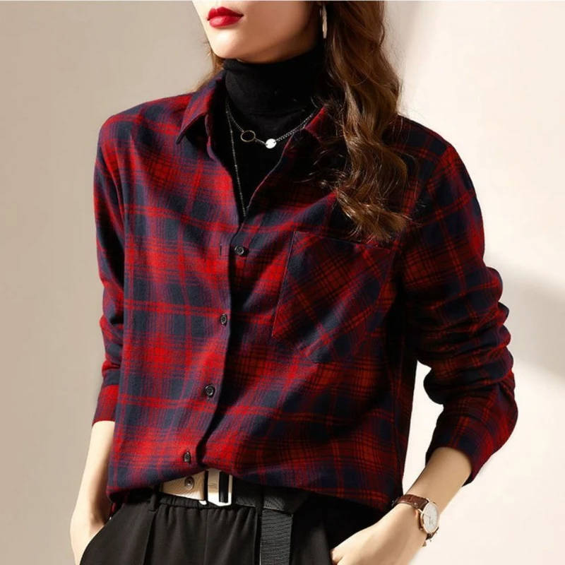 

Trendy Plaid Shirt Women Long-sleeved Spring Autumn Blouse New Design Top Casual Versatile Shirt Jacket Blouses Shirts Lapel