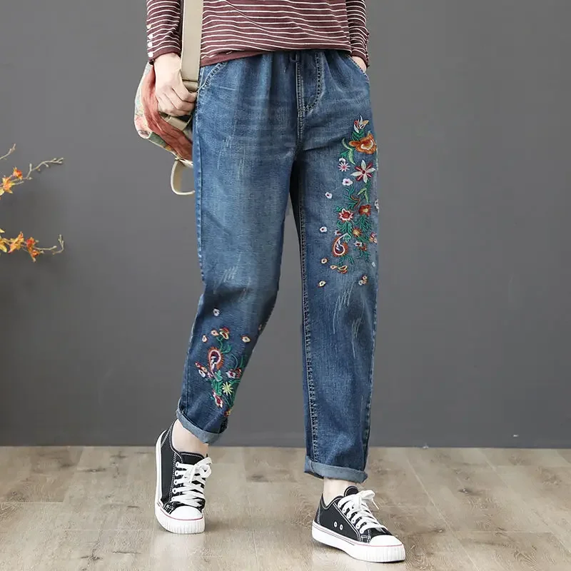 2024 Spring New Embroidery Jeans Women Clothing Elastic Streetwear Loose Denim Pants Vintage High Waisted Baggy Mom Jeans Q5759