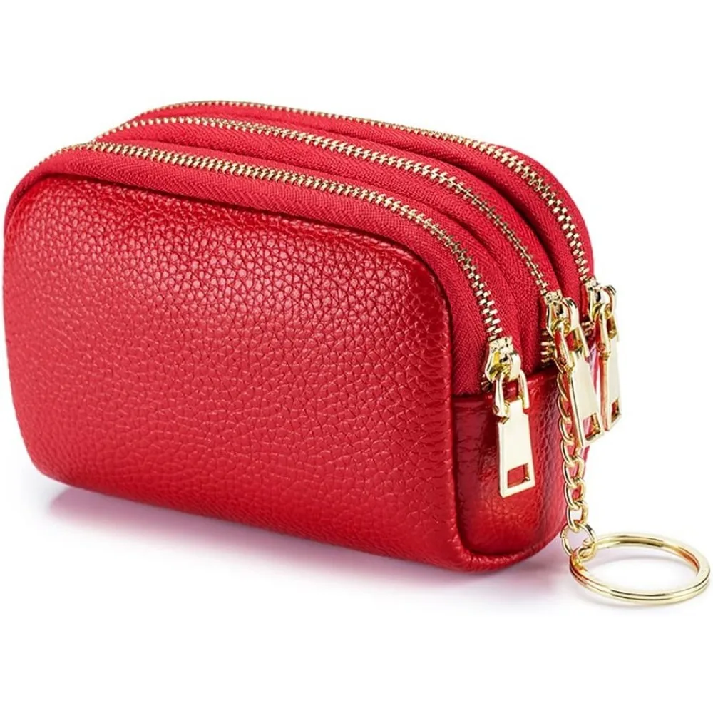 

3 Zippered Genuine Leather Coin Purse Triple Capacity Change Pouch Little Travel Wallet With Key Ring for Women