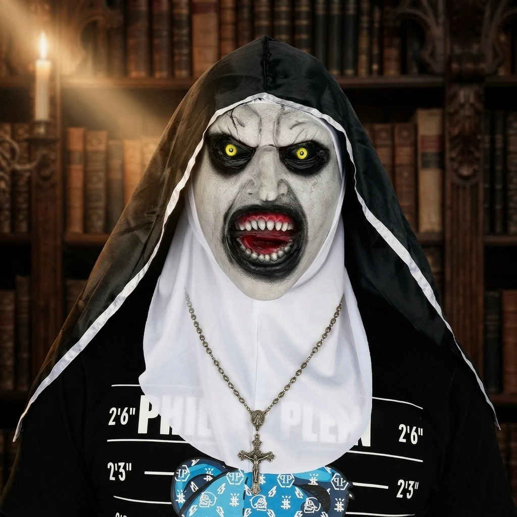 Halloween Scary Nun Mask Latex Full Head with Headscarf Veil Cosplay Costume Prop Adult Unisex Halloween Party Masquerade Dress Up view 4