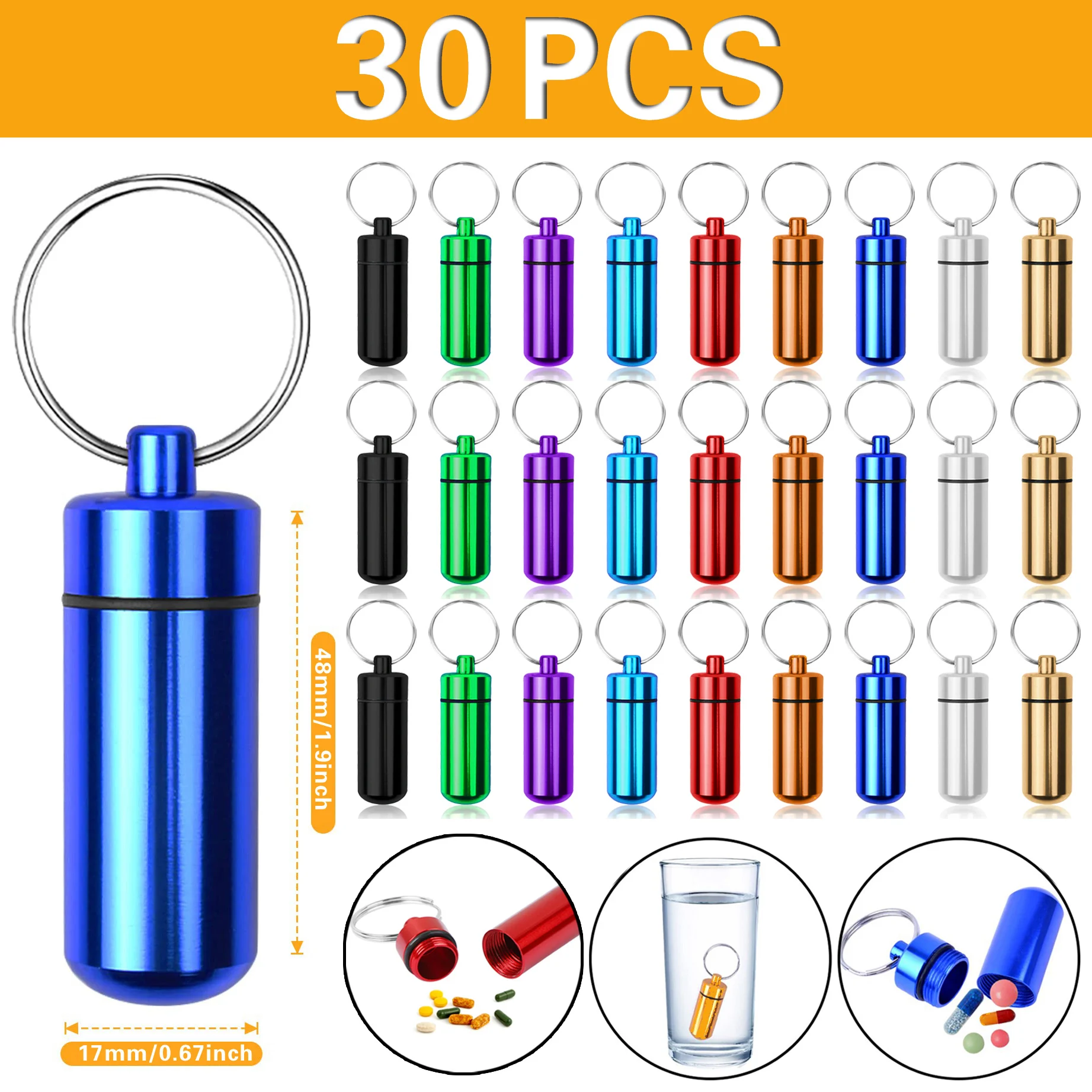 

30Pcs Portable Pill Case Waterproof Aluminum Pill Holders Storage Metal Pill Container Keychain for Outdoor Camping Travelling