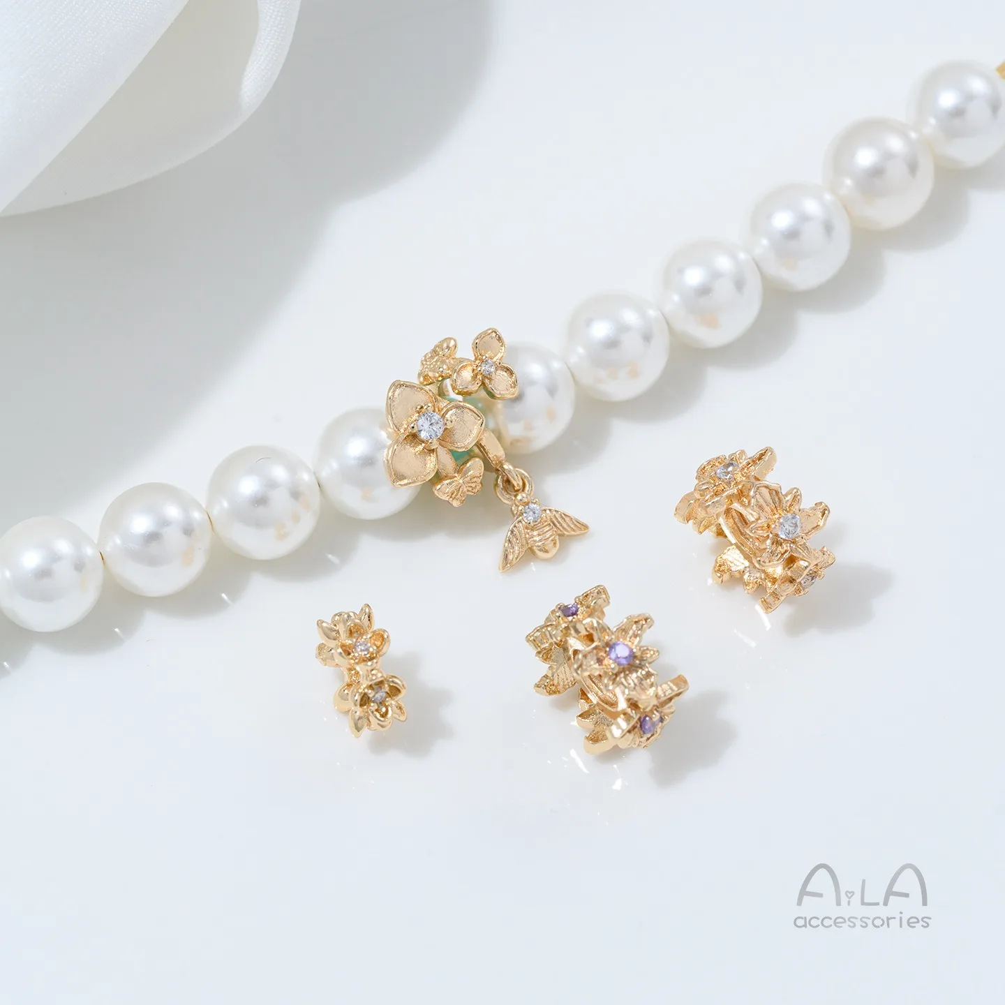 Copper Plated 14K Gold Zircon Flower Large Hole Bead Spacer Handmade DIY Crystal String Pearl Hand Necklace Jewelry Accessories
