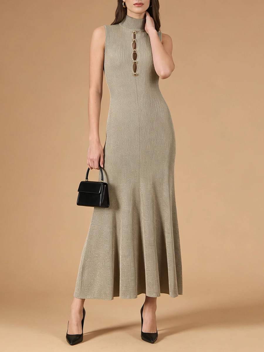 VGH エレガントなスプライスカットアウトドレス女性のためのスタンドカラーノースリーブハイウエストパッチワーク折り目冬ミニマリストドレス女性