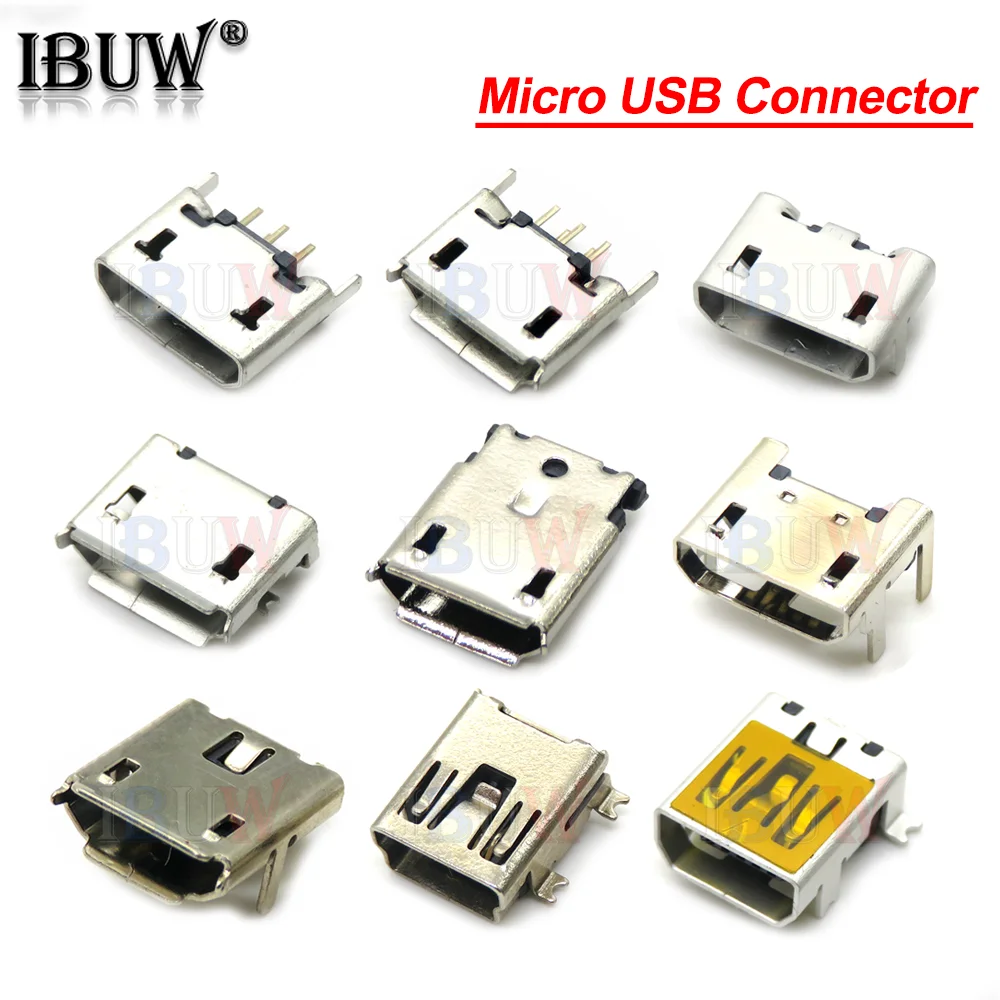 10pcs  Micro USB 5 Pin SMT Socket Connector Type B Female Placement SMD DIP USB Charging Connectors 2PIN SMD/DIP