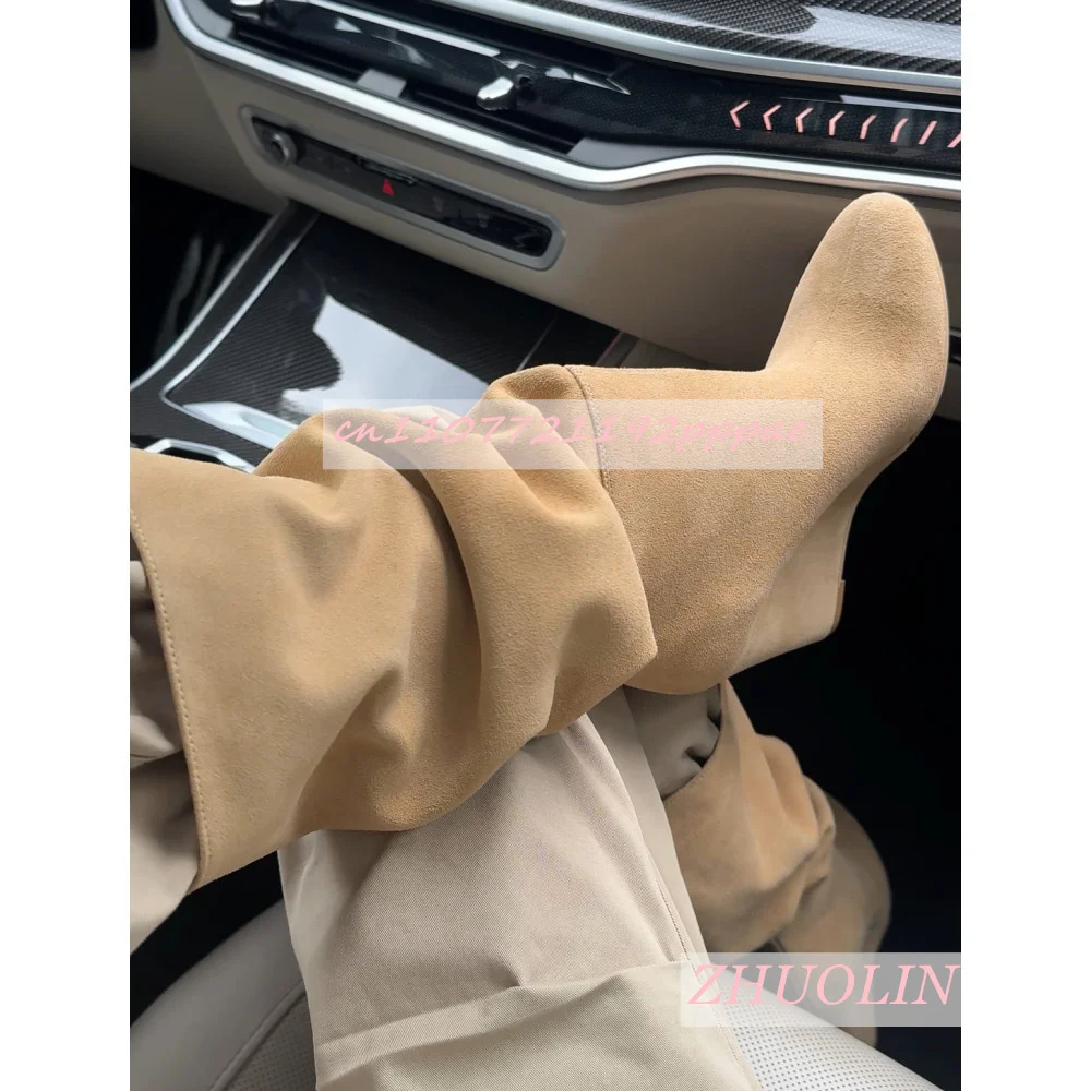 

Autumn Apricot Pleated Slip-On Boots Women'S Fashion Round Toe Suede Wedge Heel Boots Sexy Non-Slip Runway Party Knee-High Boots