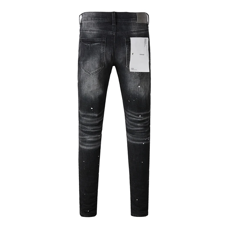 Summer\'s Streetwear High Stretch Distressed Painted Skinny Button Fly Ripped Moustache Black Scratched Jeans Pants