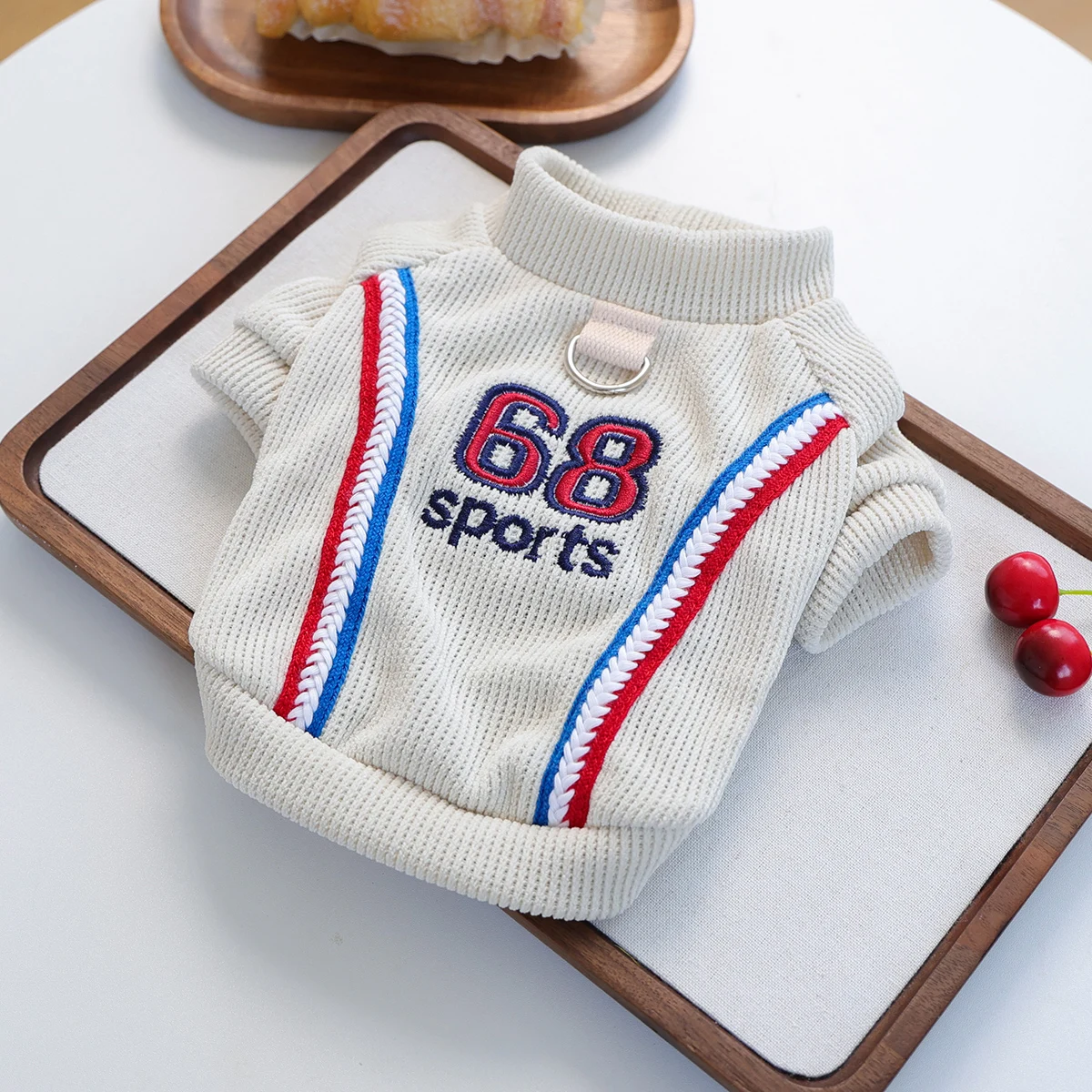68 Sports Pet Knitted Sweater, Beige Pullover with D-Ring, R