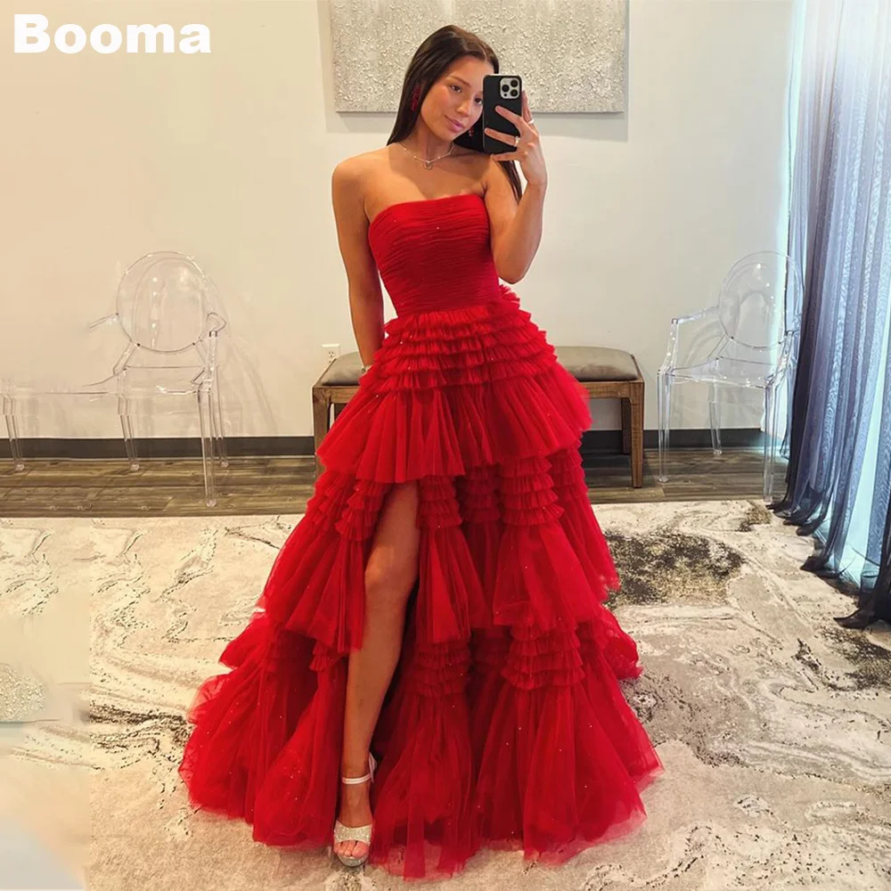 Booma Red A-Line Prom Dresses Strapless Tiered Tulle Graduation  Party Gowns High Side Slit Formal Evening Dress for Women