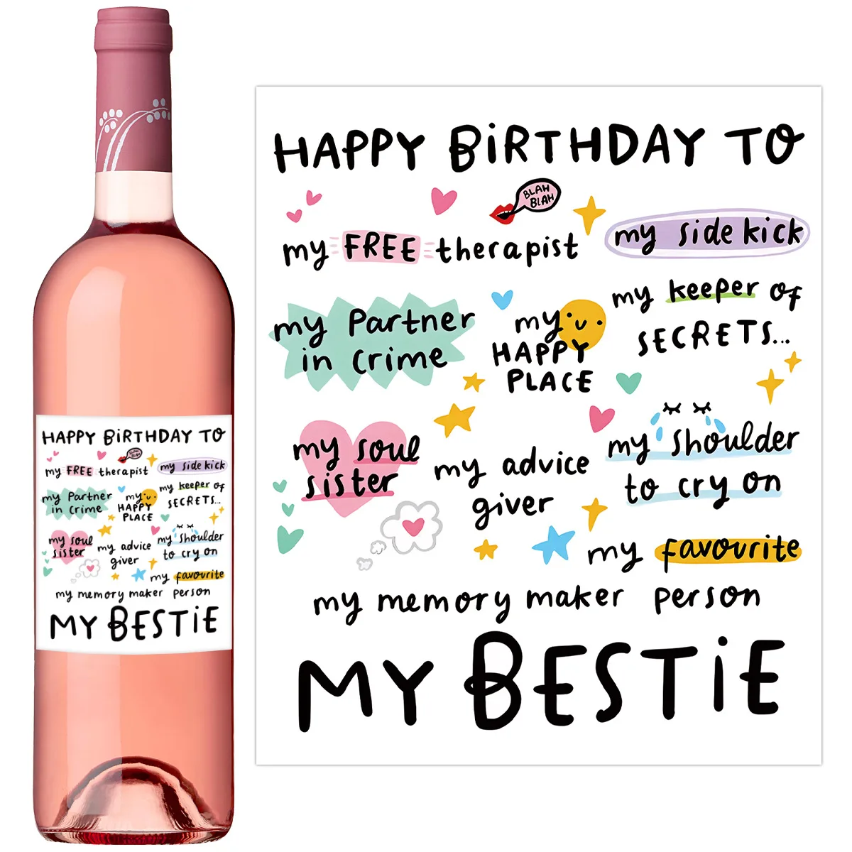 6pcs/Pack Happy Birthday To My Bestie Wine Bottle Labels Gift For Friends Themed Birthday Party Supplies Decorations Favors