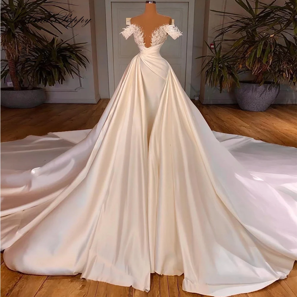 أيسلندا الخشخاش مخصص 2 قطعة قارب الرقبة الساتان فساتين الزفاف مطرز الدانتيل يزين زي العرائس مع قطار للانفصال