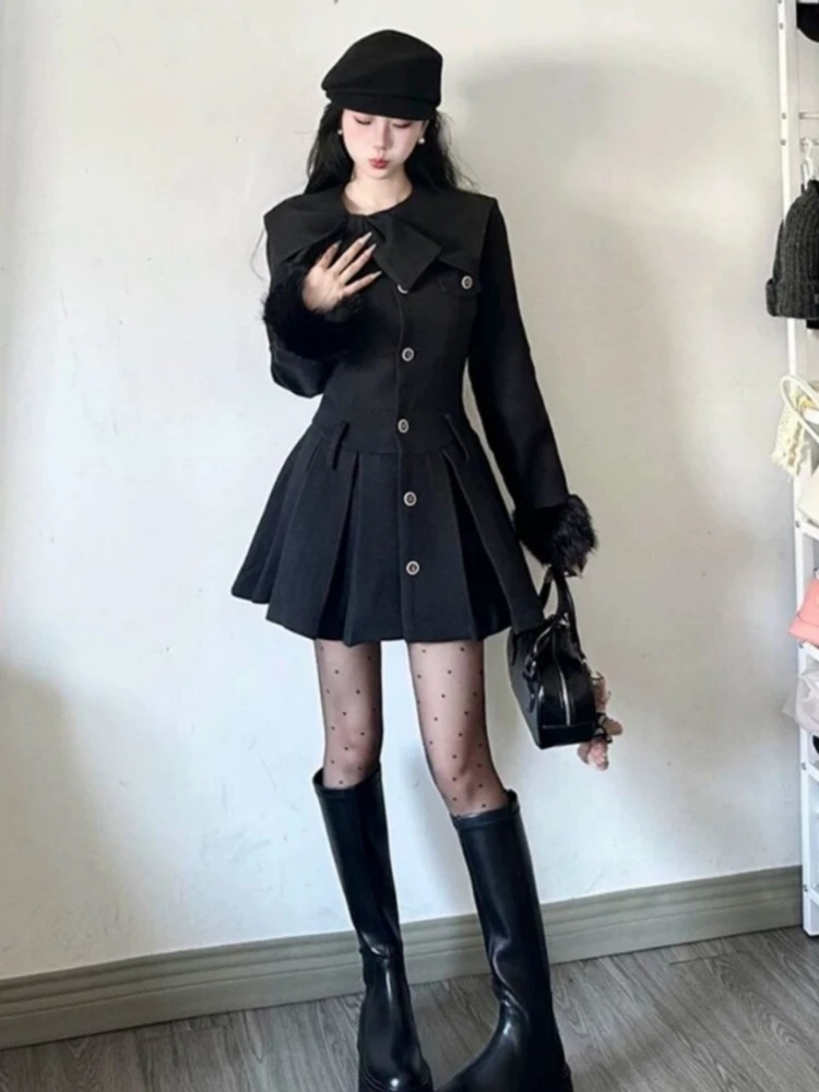 Manteau en laine de style gothique Y2K, nouveau modèle pour femmes, avec nœud, dentelle, encolure plissée, robe sombre, ensemble, cardigan vintage à manches bouffantes.