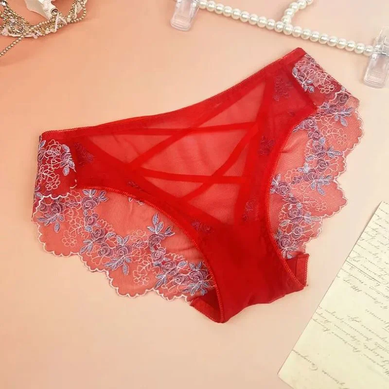 Lace Embroidery Women Panties Sexy Low-Waist Hollow Out Briefs Underpant Thin Mesh Transparent Red Erotic Lingerie Panties