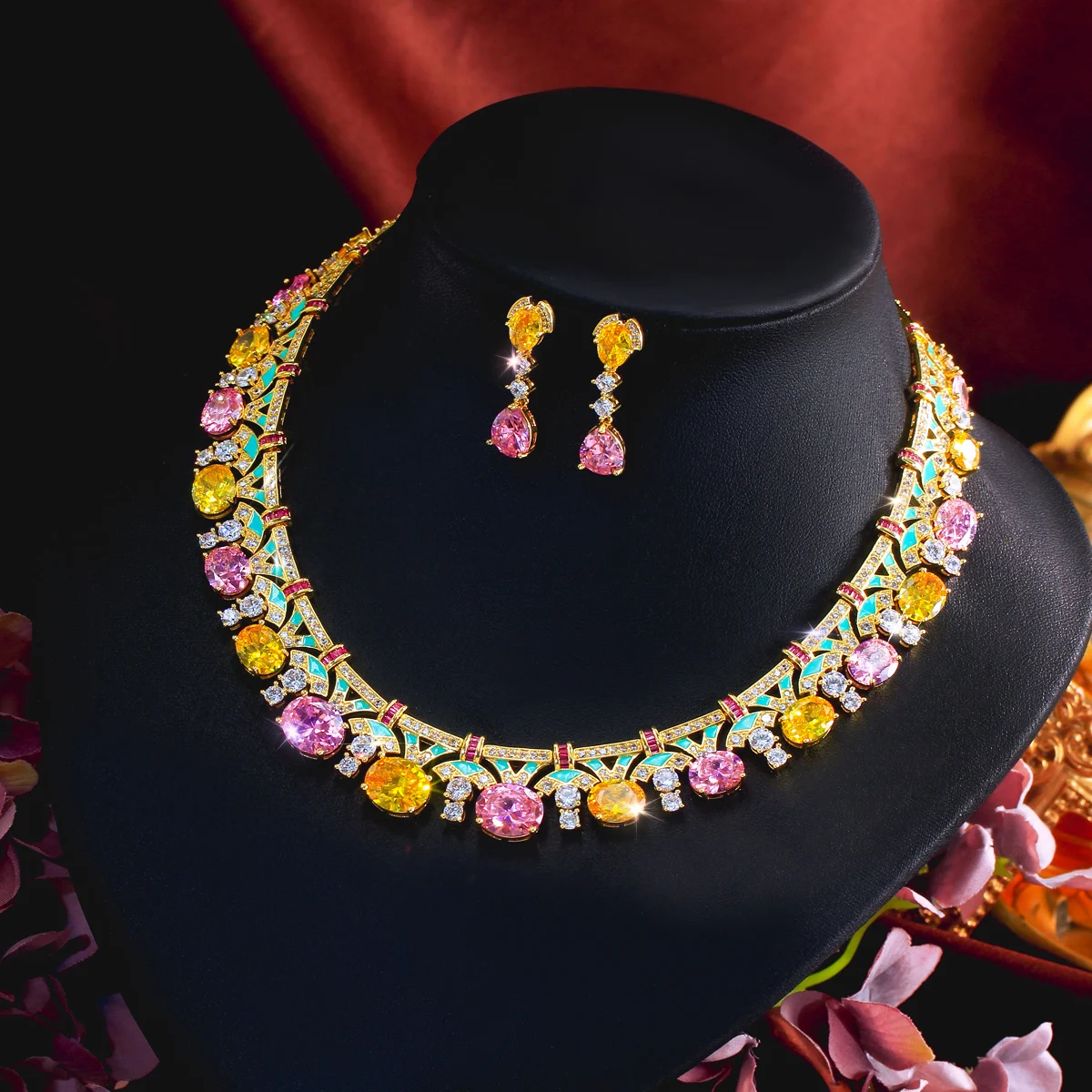 CWWZircons Gorgeous Boho Colorful Cubic Zirconia Drop Earrings Necklace Sets for Women Enamel Wedding Engagement Jewellery T1015