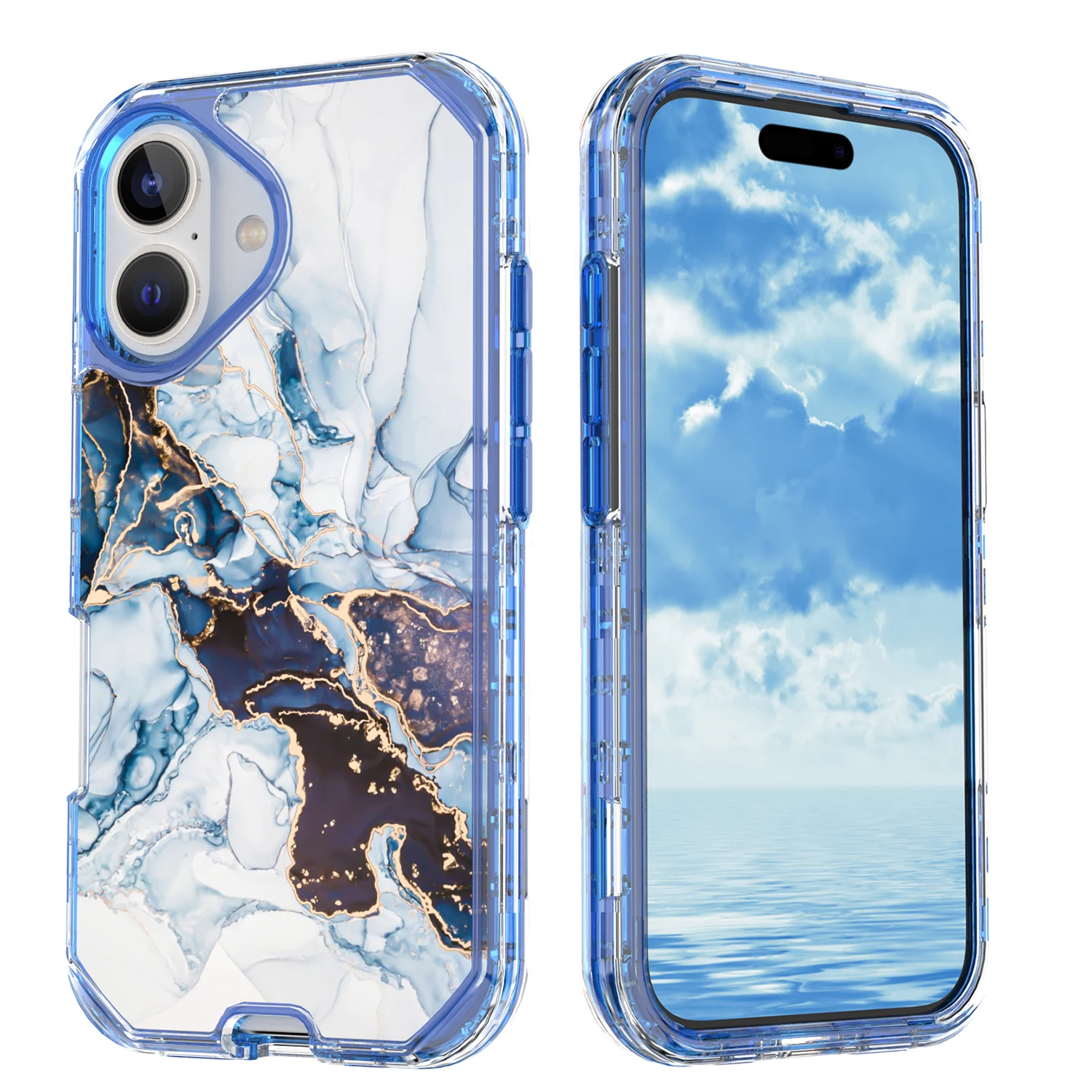 

Shockproof Three Layer Stone Marble Hard Case For iPhone 16 15 Pro Max 14 13 12 11, Hybrid Heavy Duty Glossy Phone Cover Funda