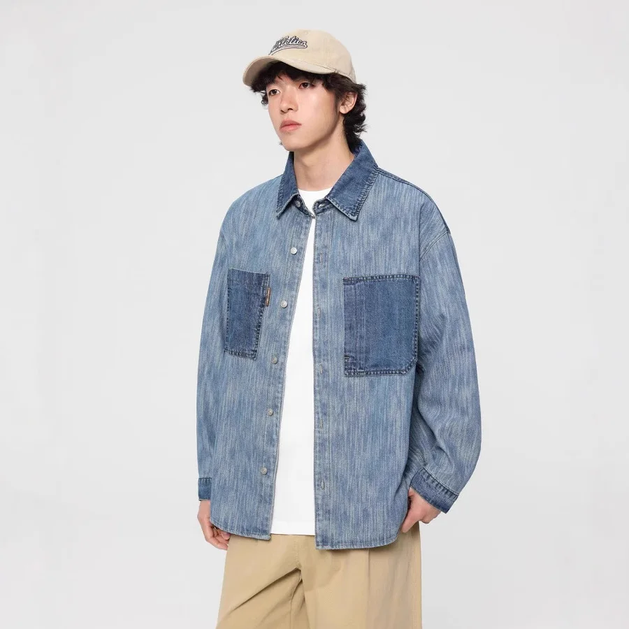 

Spring New Men's Loose Casual Splice Denim Long Sleeve Plus Size Shirt Jacket Cityboy Oversize Blouses Cowboy Shirts Coat