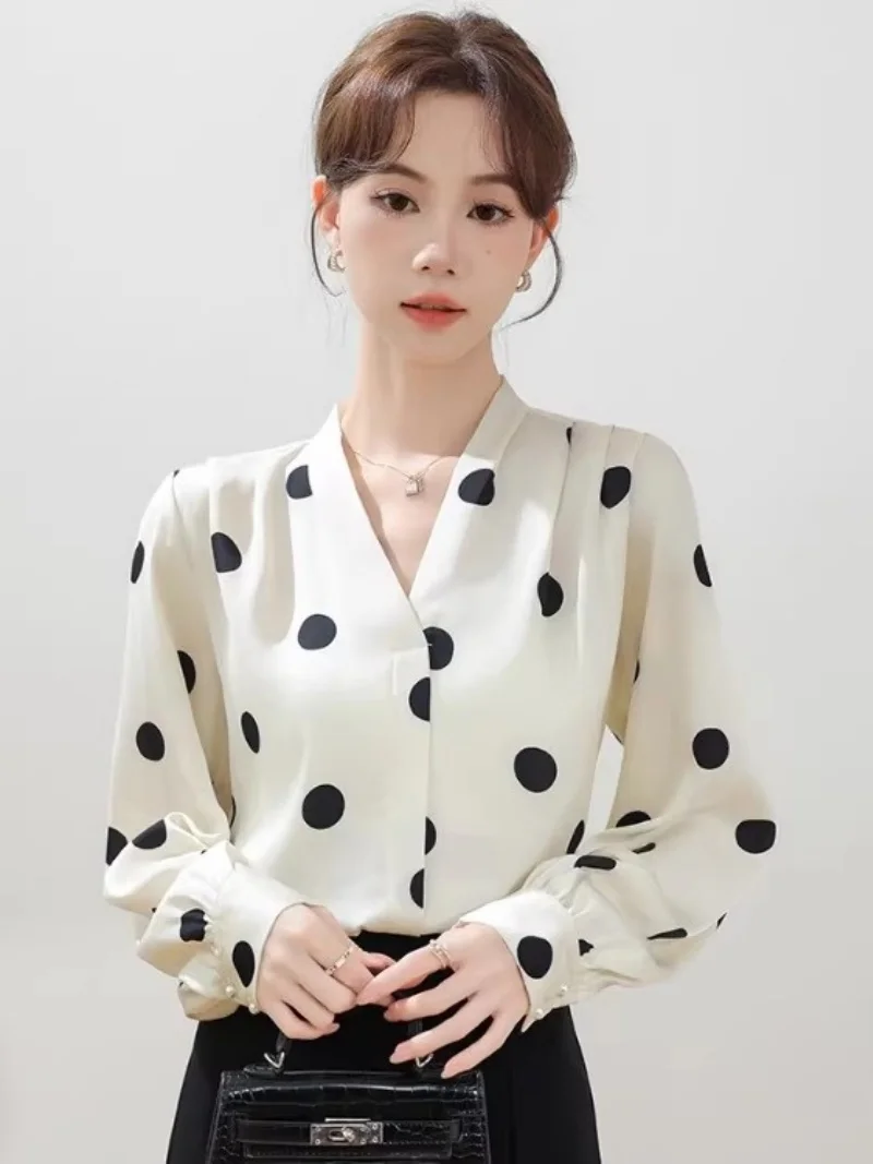 

Французская элегантная блузка в горошек с длинным рукавом, новая модная ретро-модель из атласа для женщин, весна-осень 2026, w2300