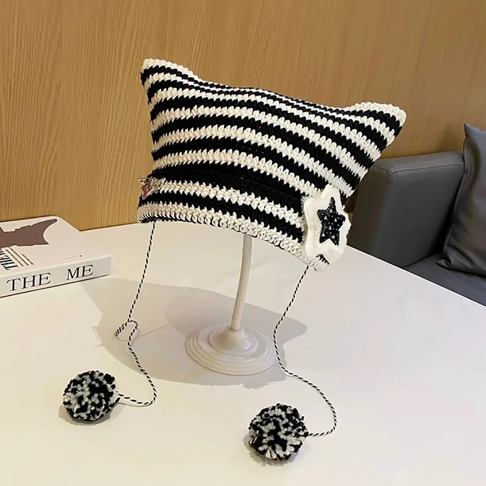 Ears Pointed Pullover Y2K Cute Y2K Beanie Hat Striped Devil Ear Cat Knitted Beanie Hat Autumn Winter