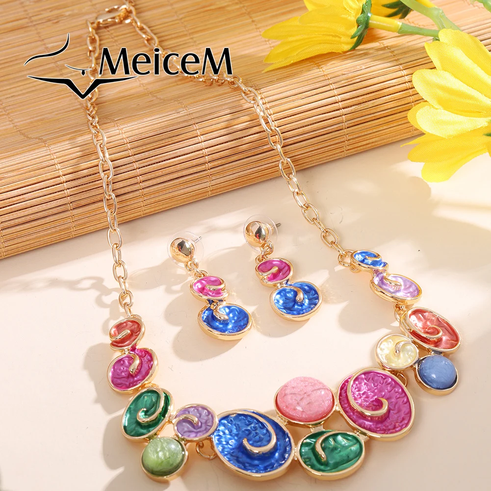 

MeiceM Jewelry Set Zinc Alloy Colorful Geometric Circle Spiral Design Necklace And Earrings Temperament Jewelry Set For Women