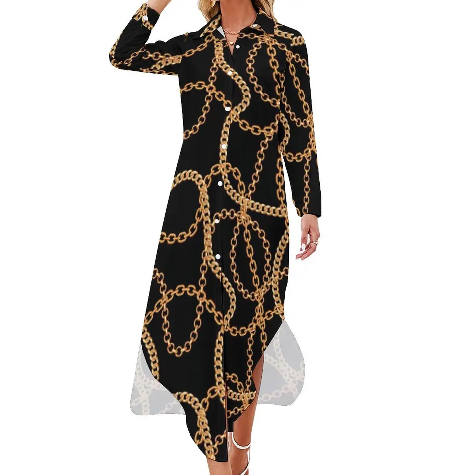 Chain Print Casual Dress Gold Chains Luxury Aesthetic Dresses Long Sleeve  Elegant Womens V Neck Printed Oversized Chiffon Dress - AliExpress 200000345