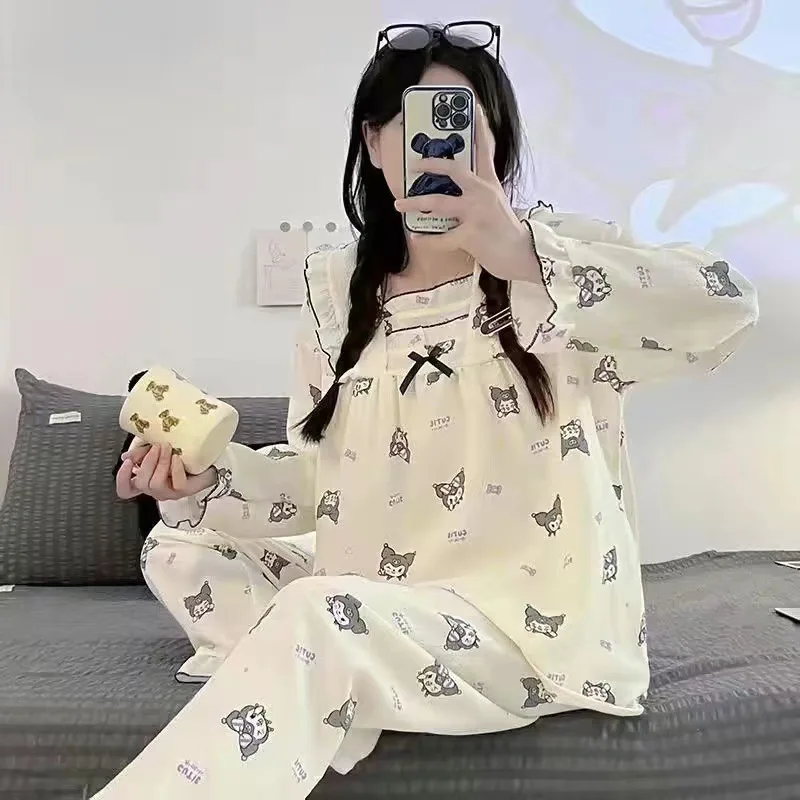 Sanrios Kuromi Cotton Pajamas Set Pochacco Cartoon Casual Spring Autumn Homewear Anime Loose Nightwear Cute Sleepwear Girl Gift