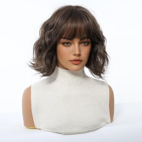 Imagen 2 del producto Pelucas sintéticas onduladas de color marrón oscuro con flequillo, pelo Natural corto para mujeres, uso diario, fiesta, Cosplay, fibra resistente al calor