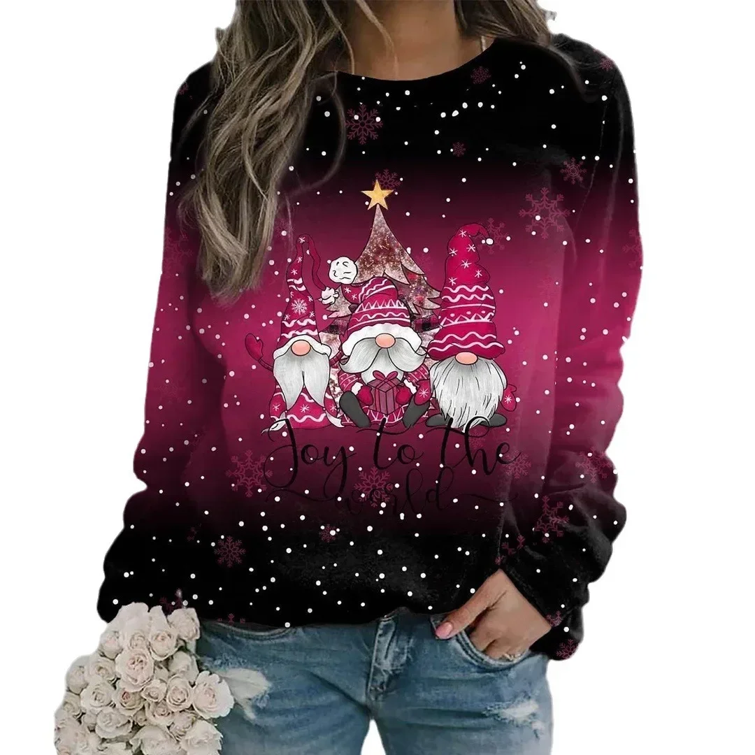 Autumn Women\'s S-3XL Christmas Theme Anime Cartoon Print Fashion Loose Hoodie Jacket Round Neck Mid Length Sweater