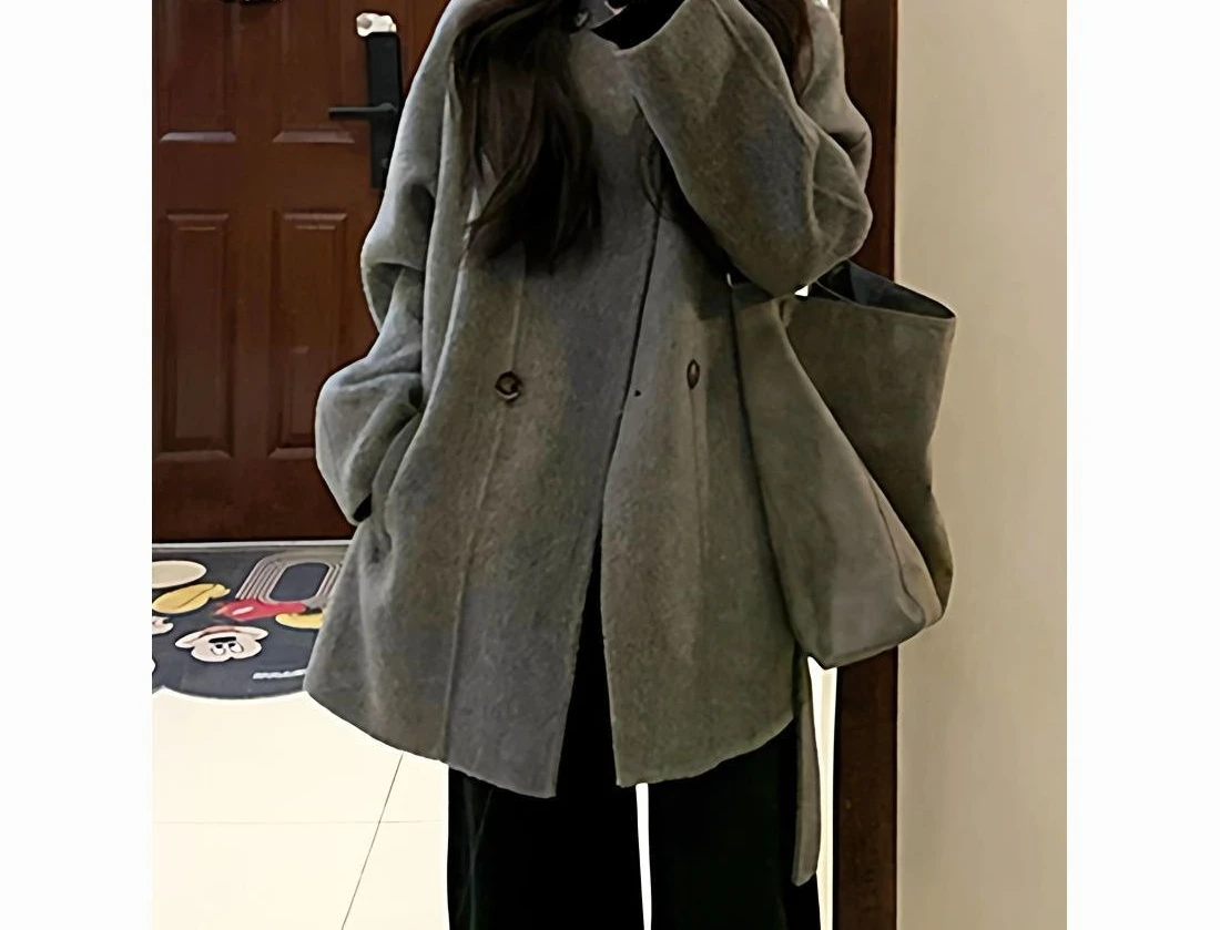 Szary krótki płaszcz wełniany damski na jesień i zimę 2025, nowy, luźny płaszcz wełniany
