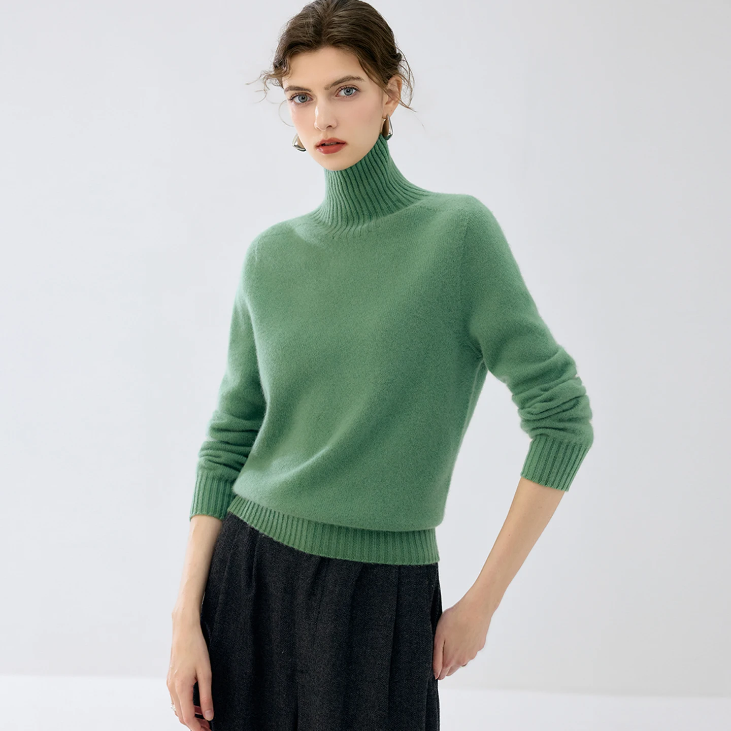 100% cashmere knitted solid color long sleeved elegant basic style women's pullover seamless high neck sweater winter top