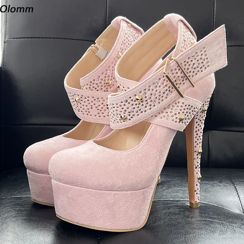 

Olomm Handmade Women Pumps Buckle Strap Studded Sexy Stiletto Heels Round Toe Gorgeous Pink Party Shoes US Plus Size 5-20