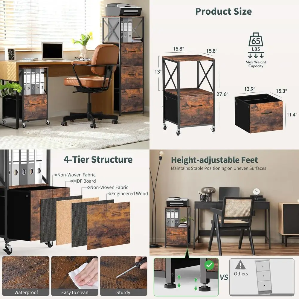 

Vertical A4 Letter Size File Cabinet with Adjustable Hanging Rail, Mobile Under Desk Storage, Rustic Brown