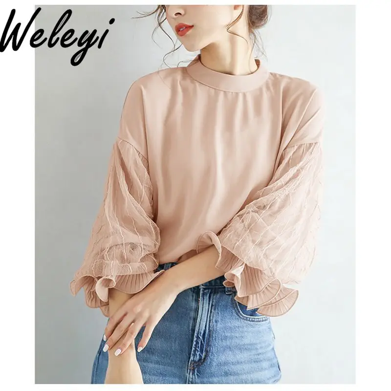 

Japanese Style Simple Ruffles Lantern Sleeve Blouse Office Ladies 2025 Spring New Commuter Loose Mesh Chiffon Shirts for Women